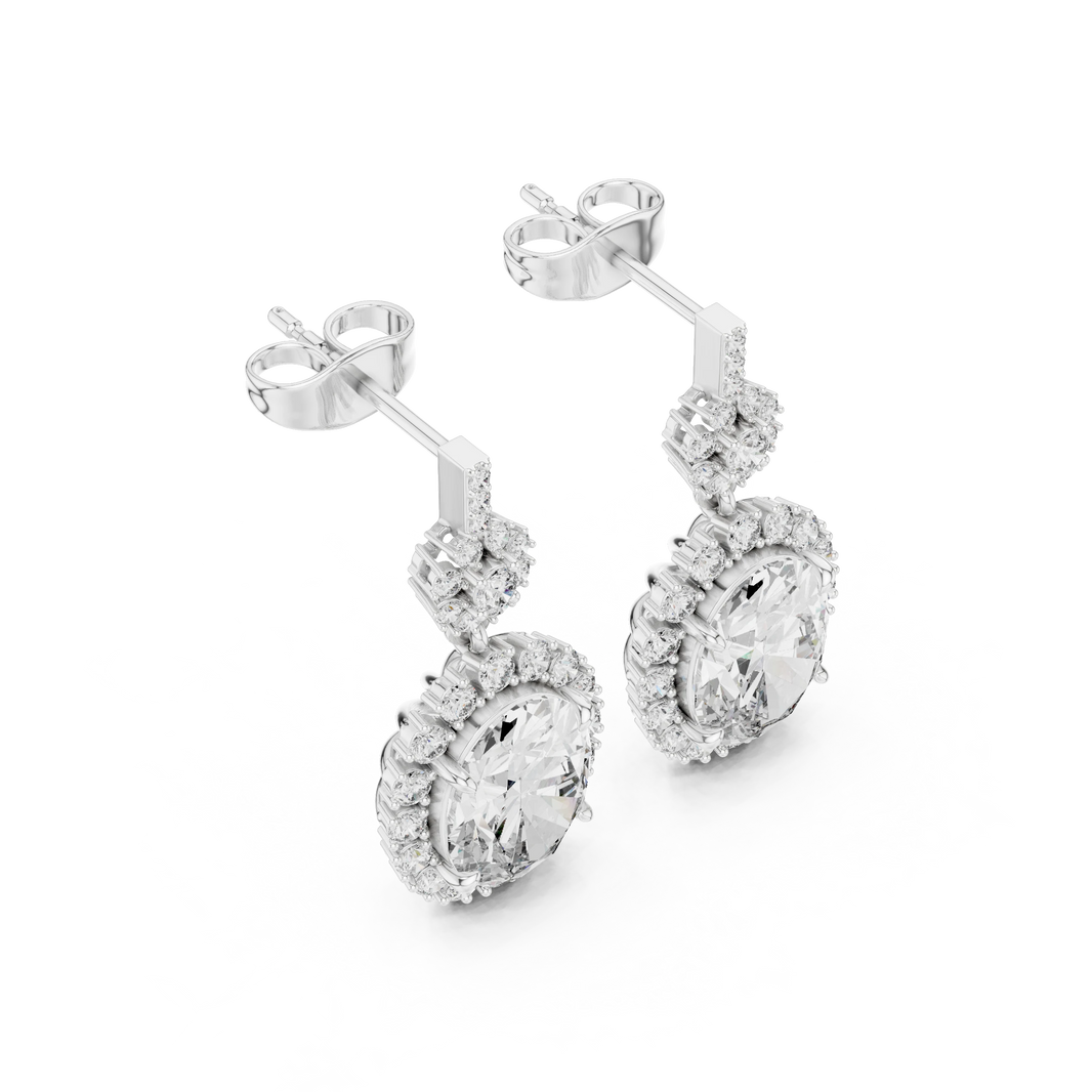 Oval Halo Moissanite Drop Earrings with Flower Cluster Top in white 925 sterling silver, view 2