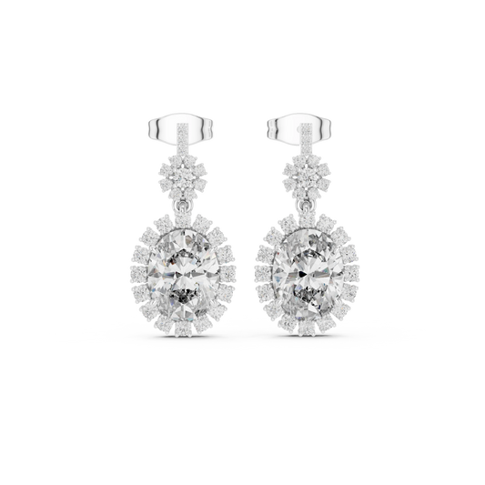 Oval Halo Moissanite Drop Earrings with Flower Cluster Top in white 925 sterling silver, view 4