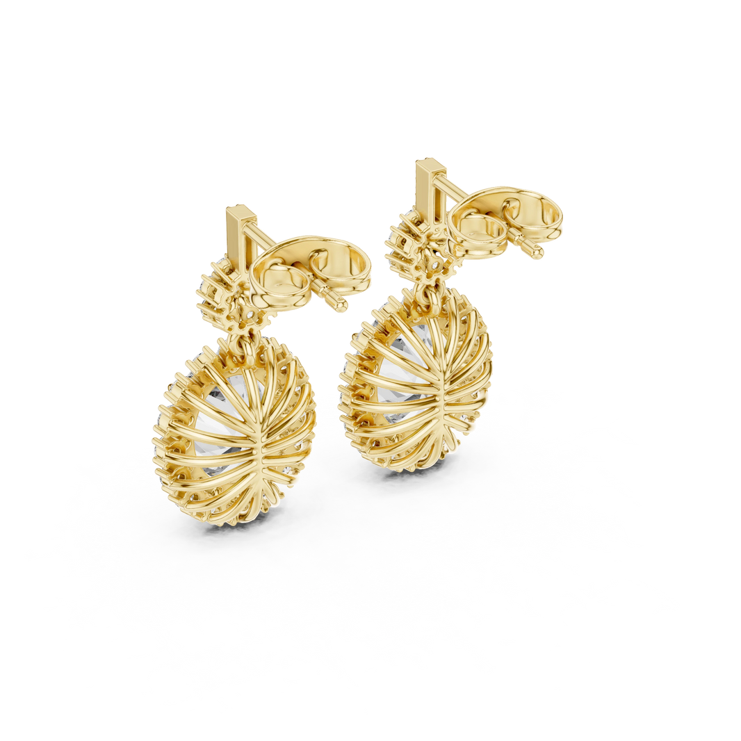 Oval Halo Moissanite Drop Earrings with Flower Cluster Top in yellow 925 sterling silver, view 3