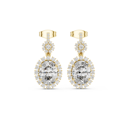 Oval Halo Moissanite Drop Earrings with Flower Cluster Top in yellow 925 sterling silver, view 4