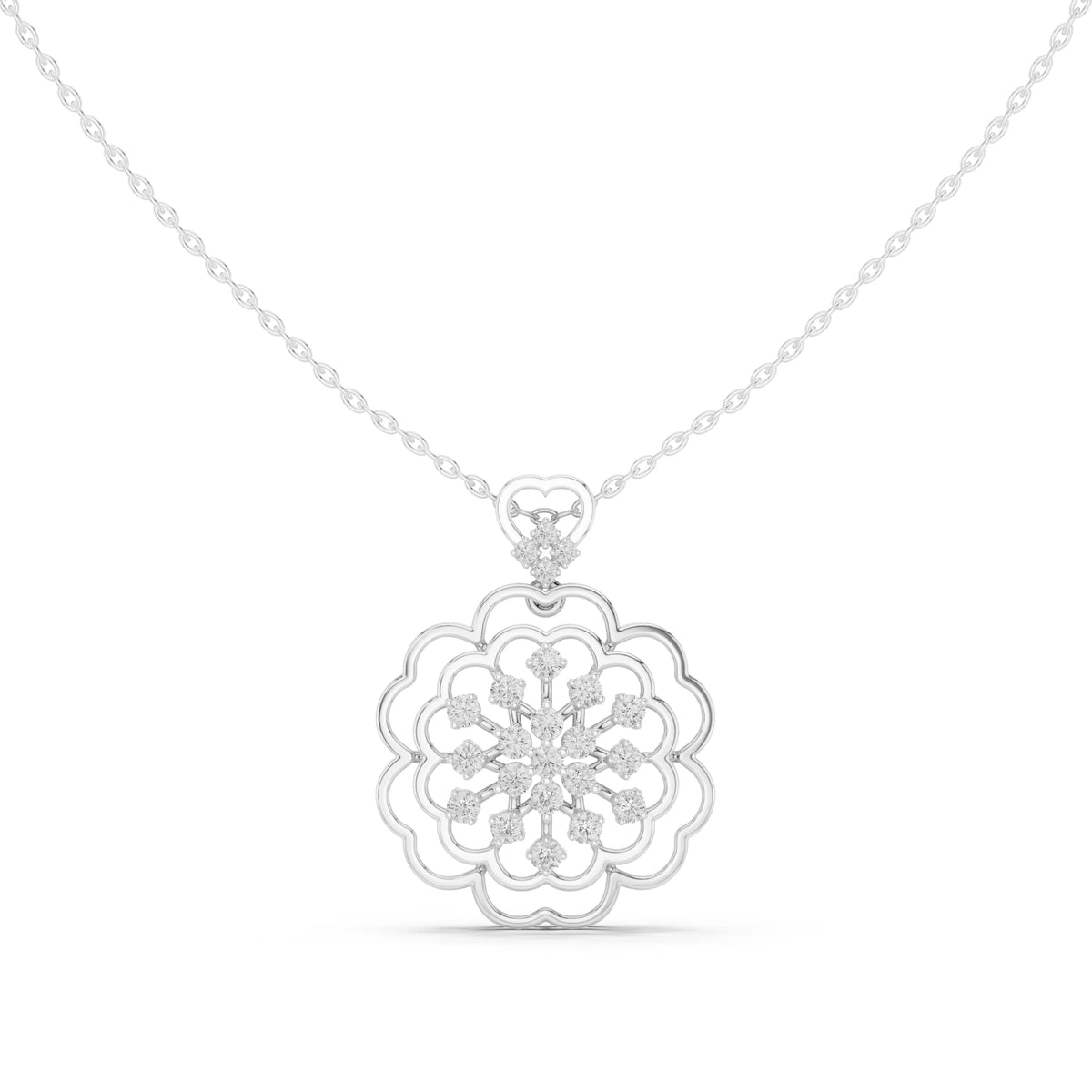 Scalloped Flower Moissanite Pendant with Heart Bail in white 925 sterling silver, view 2