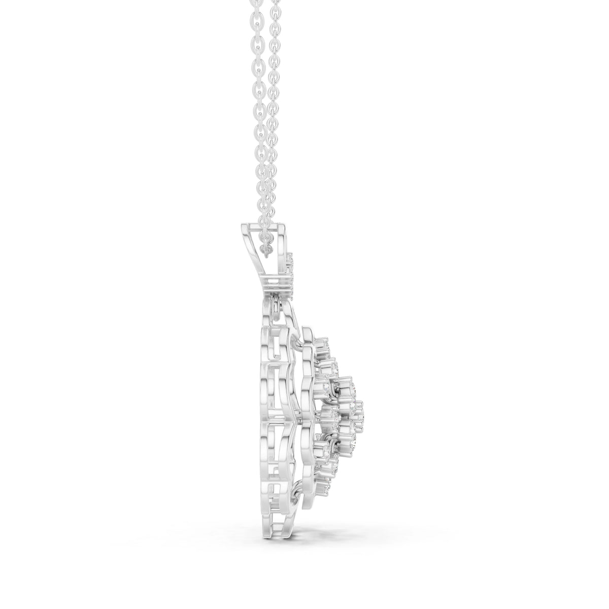 Scalloped Flower Moissanite Pendant with Heart Bail in white 925 sterling silver, view 3
