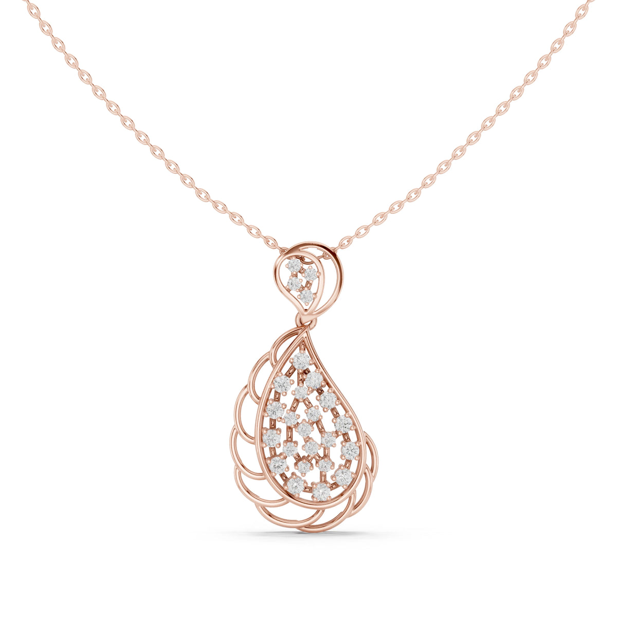 Openwork Teardrop Cluster Moissanite Pendant with Swirl Top in rose 925 sterling silver, view 2