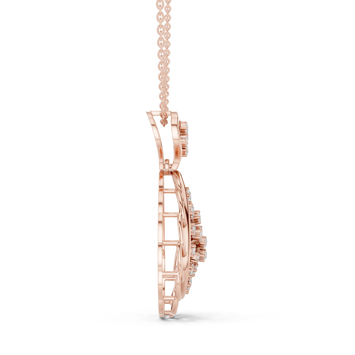 Openwork Teardrop Cluster Moissanite Pendant with Swirl Top in rose 925 sterling silver, view 3