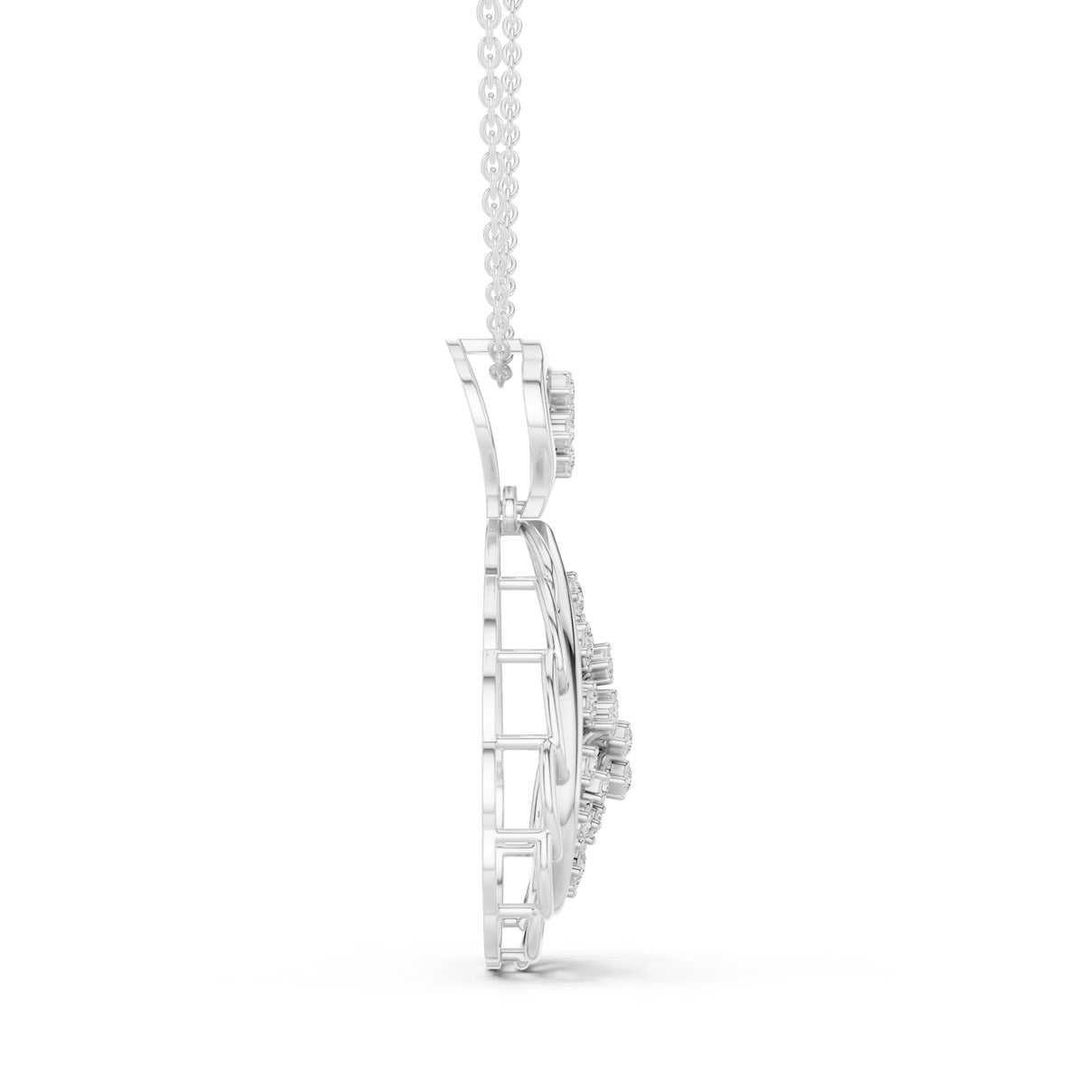 Openwork Teardrop Cluster Moissanite Pendant with Swirl Top in white 925 sterling silver, view 3