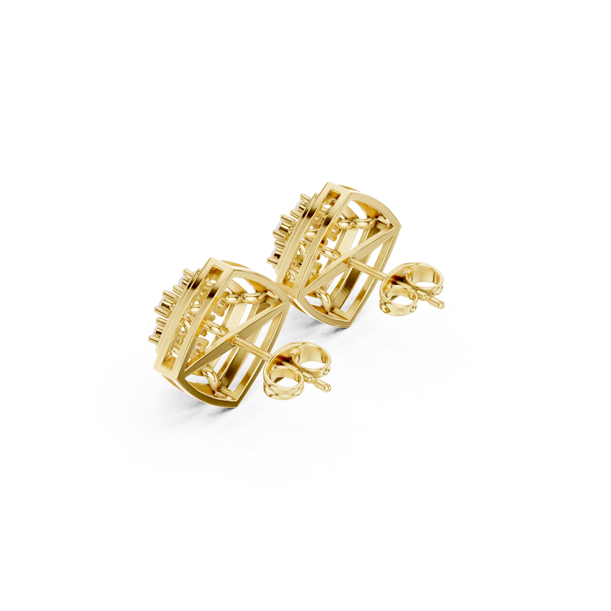 Square Cluster Double Frame Moissanite Stud Earrings in yellow 925 sterling silver, view 2