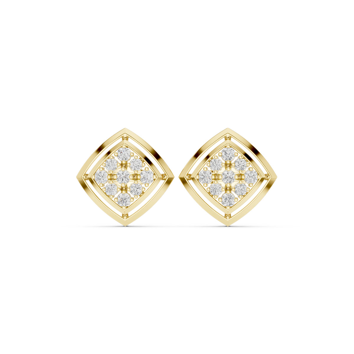 Square Cluster Double Frame Moissanite Stud Earrings in yellow 925 sterling silver, view 4