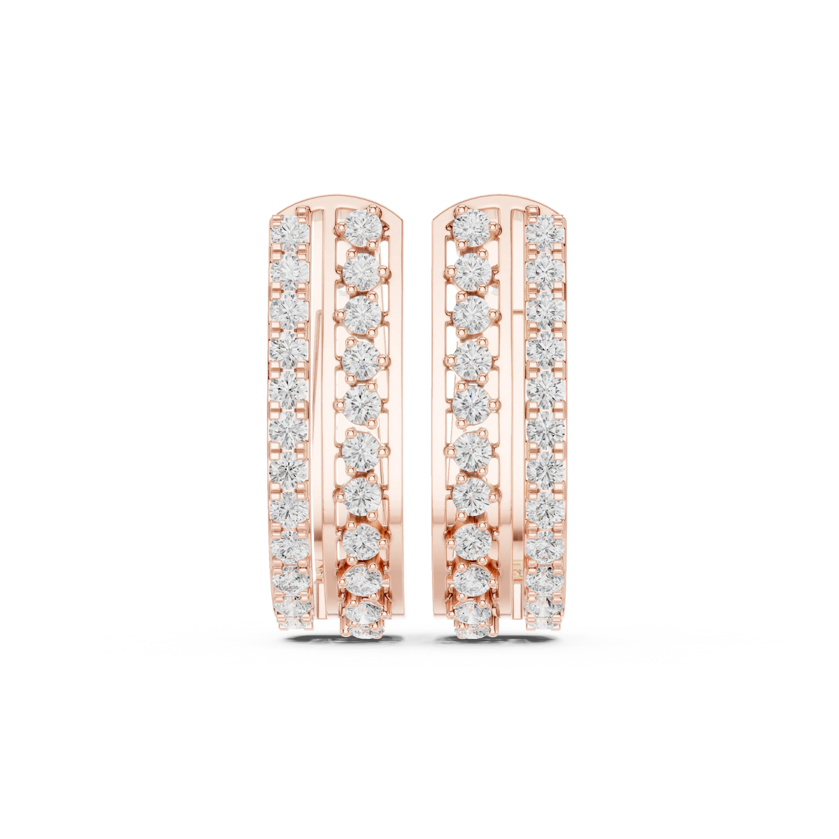 Two Row Pavé and Prong Moissanite Huggie Earrings in rose 925 sterling silver, view 4