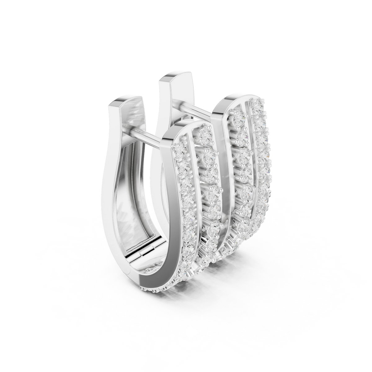 Two Row Pavé and Prong Moissanite Huggie Earrings in white 925 sterling silver, view 1