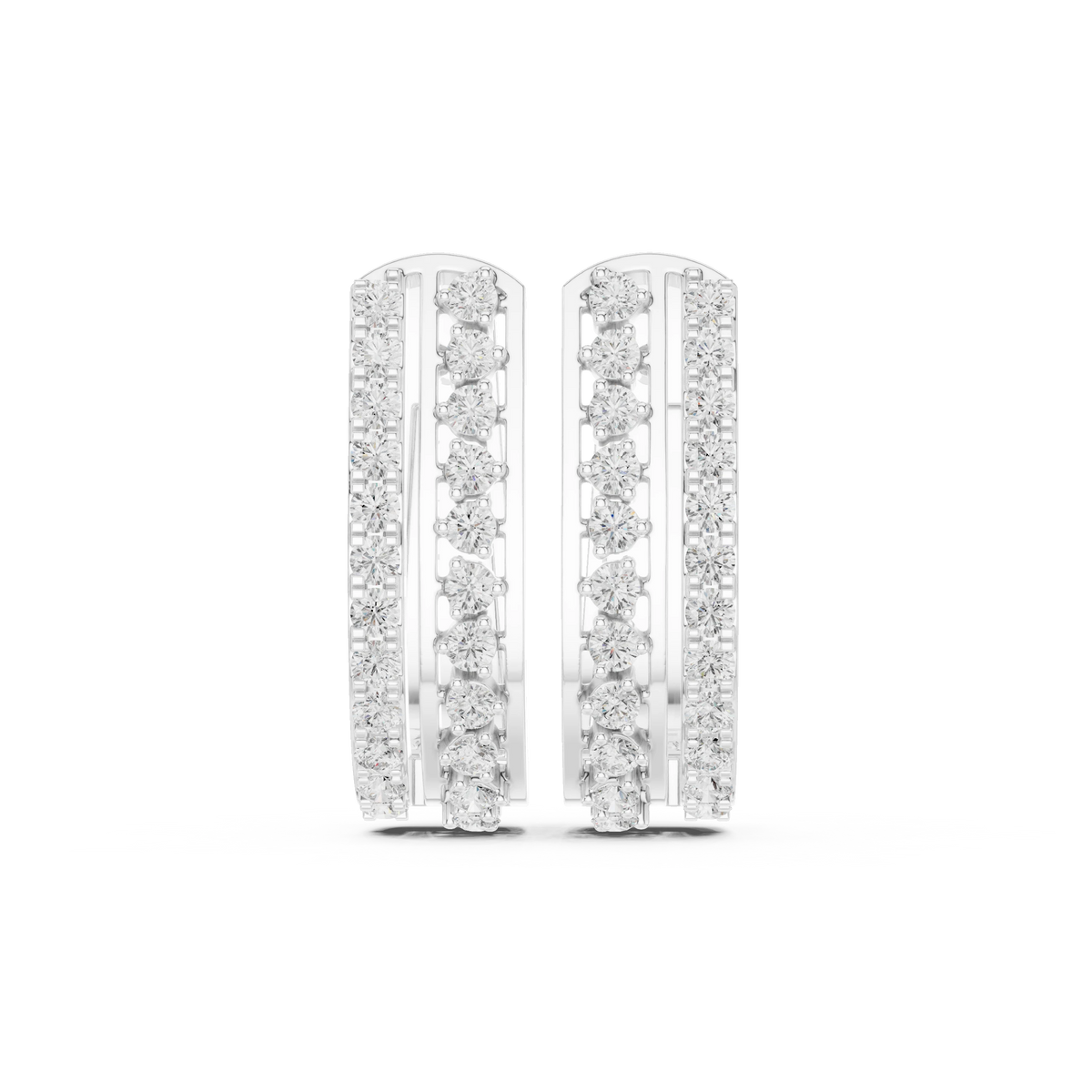 Two Row Pavé and Prong Moissanite Huggie Earrings in white 925 sterling silver, view 4