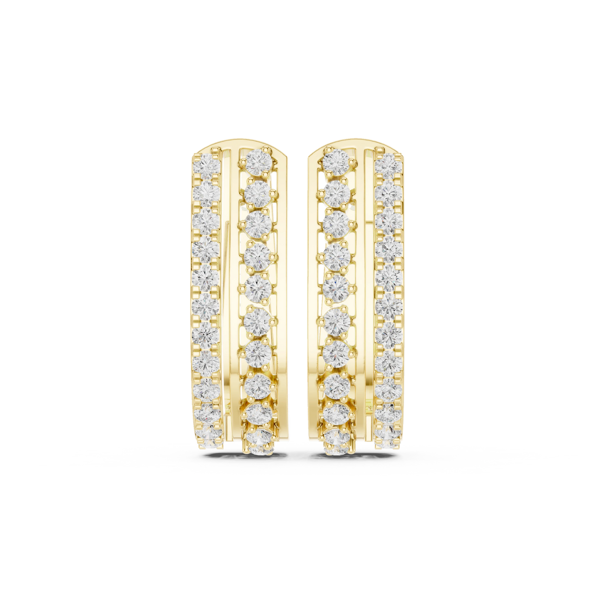 Two Row Pavé and Prong Moissanite Huggie Earrings in yellow 925 sterling silver, view 4