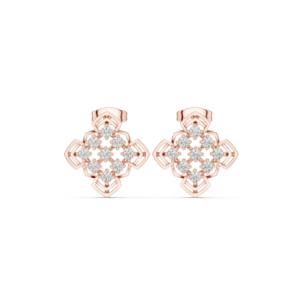Pointed Clover Nine Stone Cluster Moissanite Stud Earrings in rose 925 sterling silver, view 4