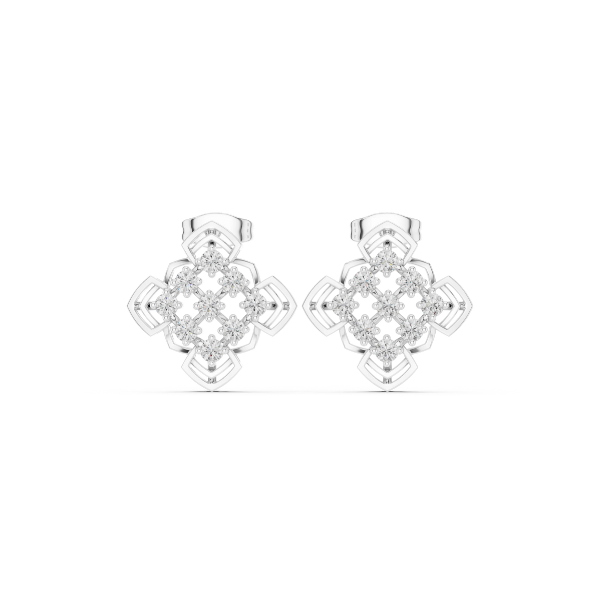 Pointed Clover Nine Stone Cluster Moissanite Stud Earrings in white 925 sterling silver, view 4