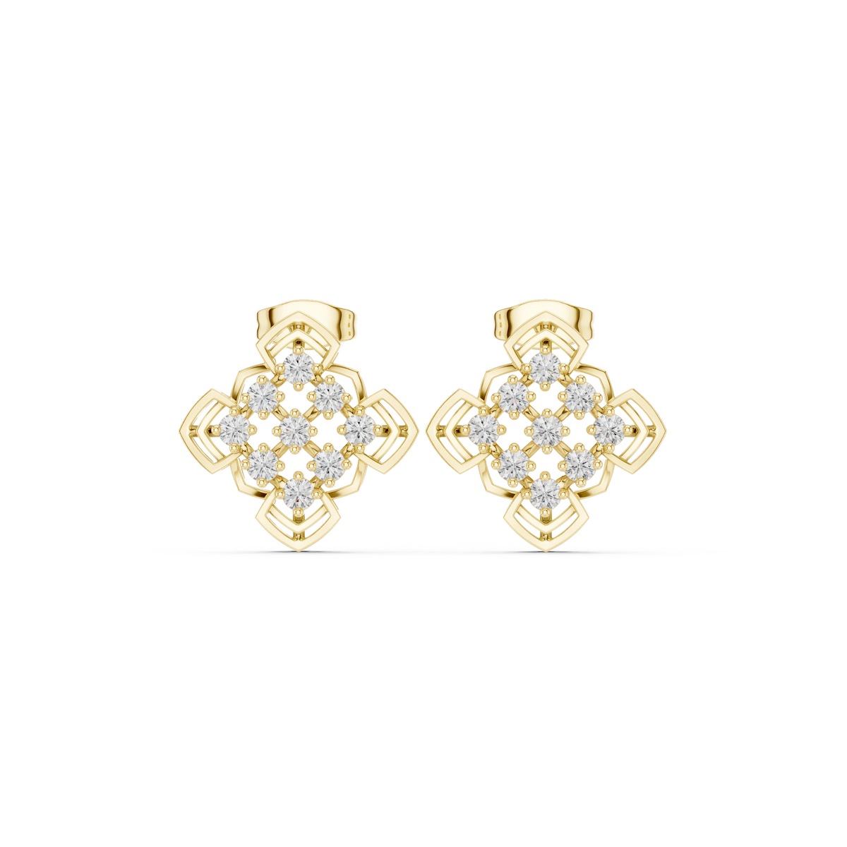 Pointed Clover Nine Stone Cluster Moissanite Stud Earrings in yellow 925 sterling silver, view 4