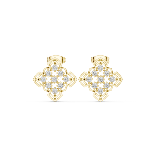 Pointed Clover Nine Stone Cluster Moissanite Stud Earrings in yellow 925 sterling silver, view 4