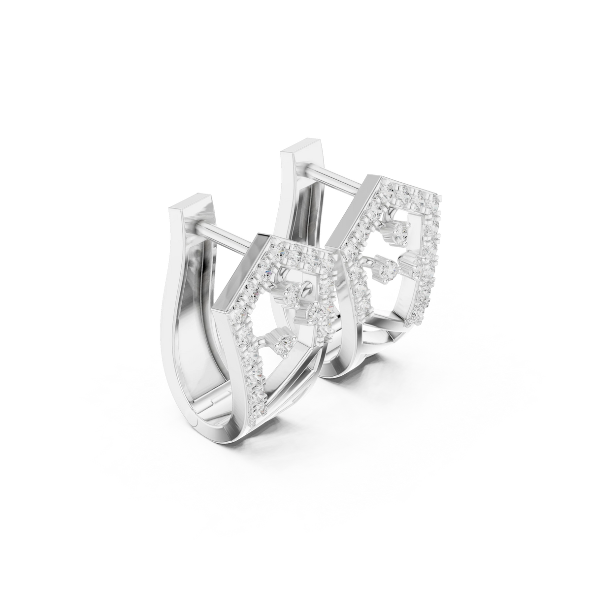 Shield Outline Pavé Moissanite Huggie Earrings in white 925 sterling silver, view 1