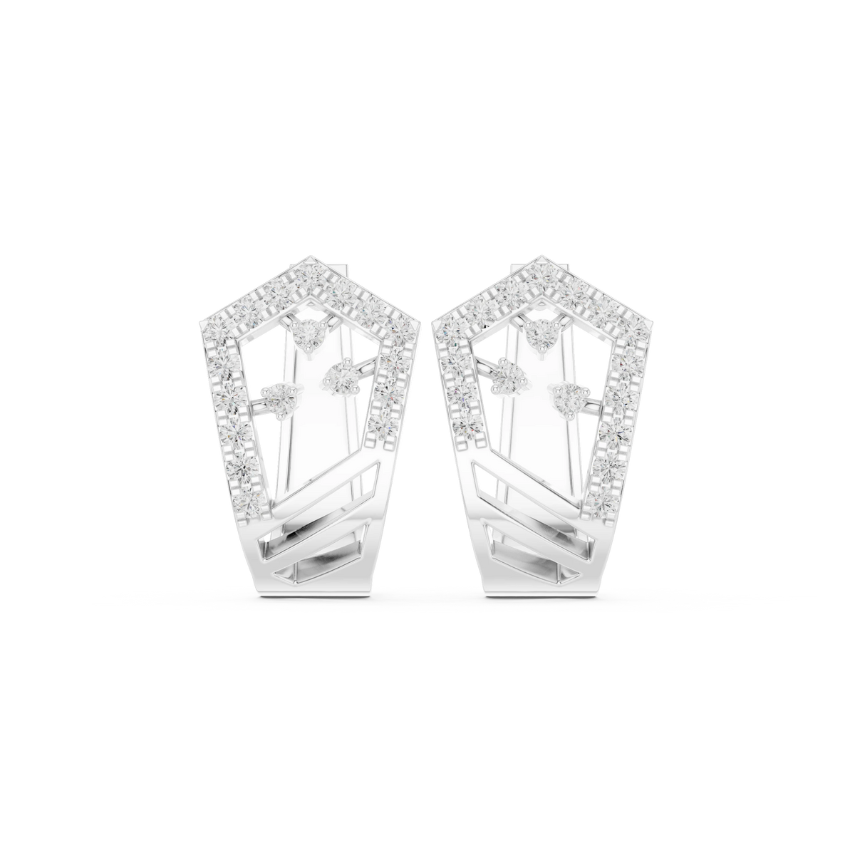 Shield Outline Pavé Moissanite Huggie Earrings in white 925 sterling silver, view 4
