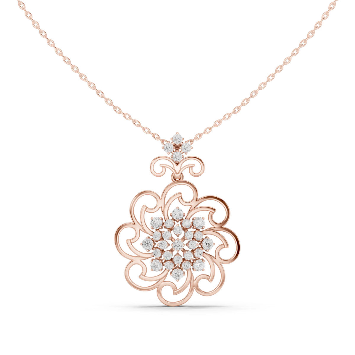 Scroll Filigree Flower Moissanite Pendant in rose 925 sterling silver, view 2