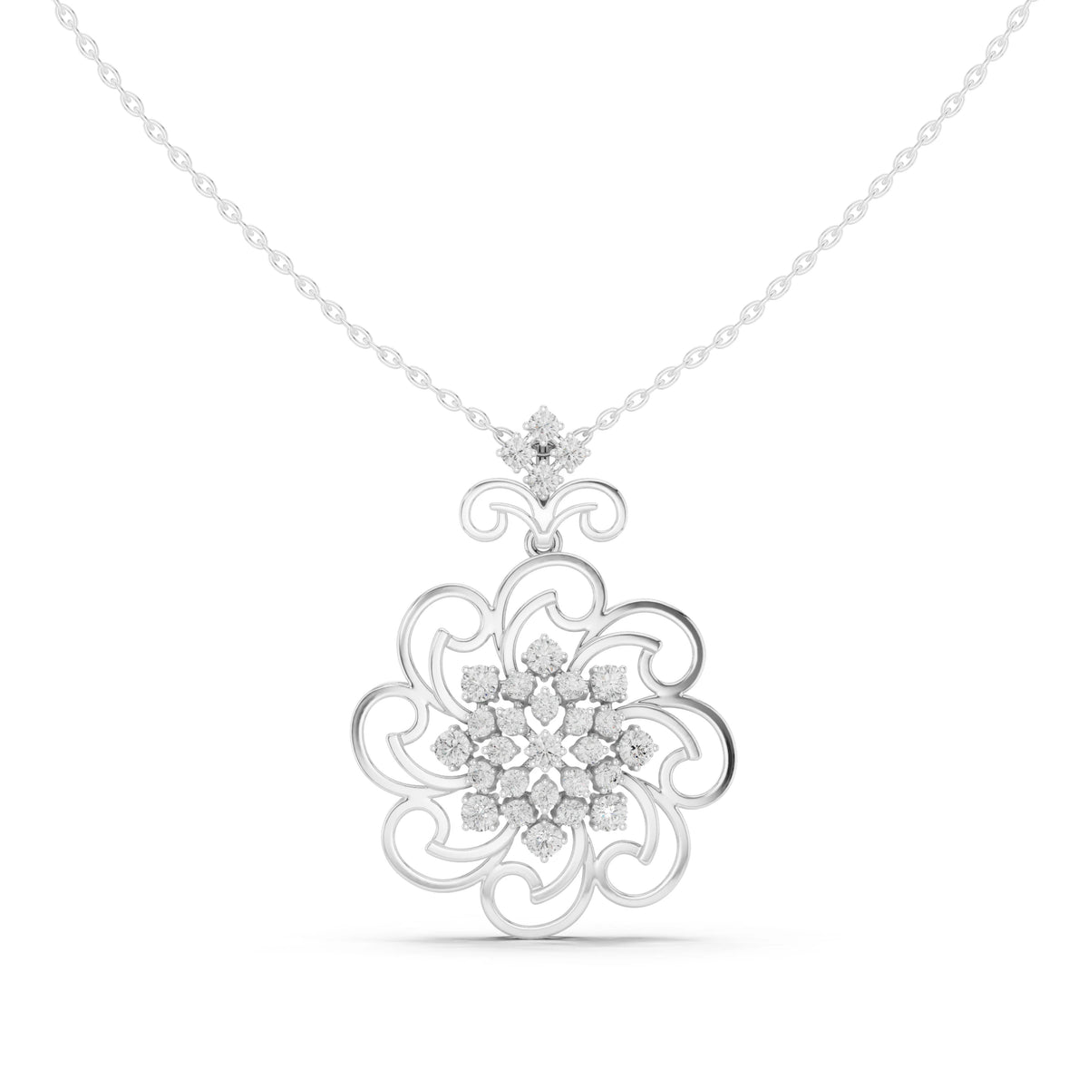 Scroll Filigree Flower Moissanite Pendant in white 925 sterling silver, view 4