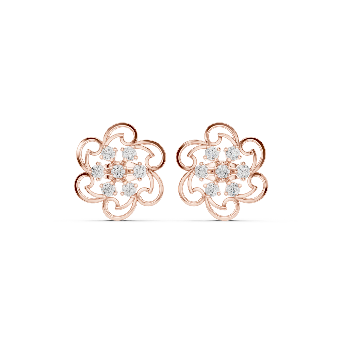 Swirl Frame Flower Cluster Moissanite Stud Earrings in rose 925 sterling silver, view 4