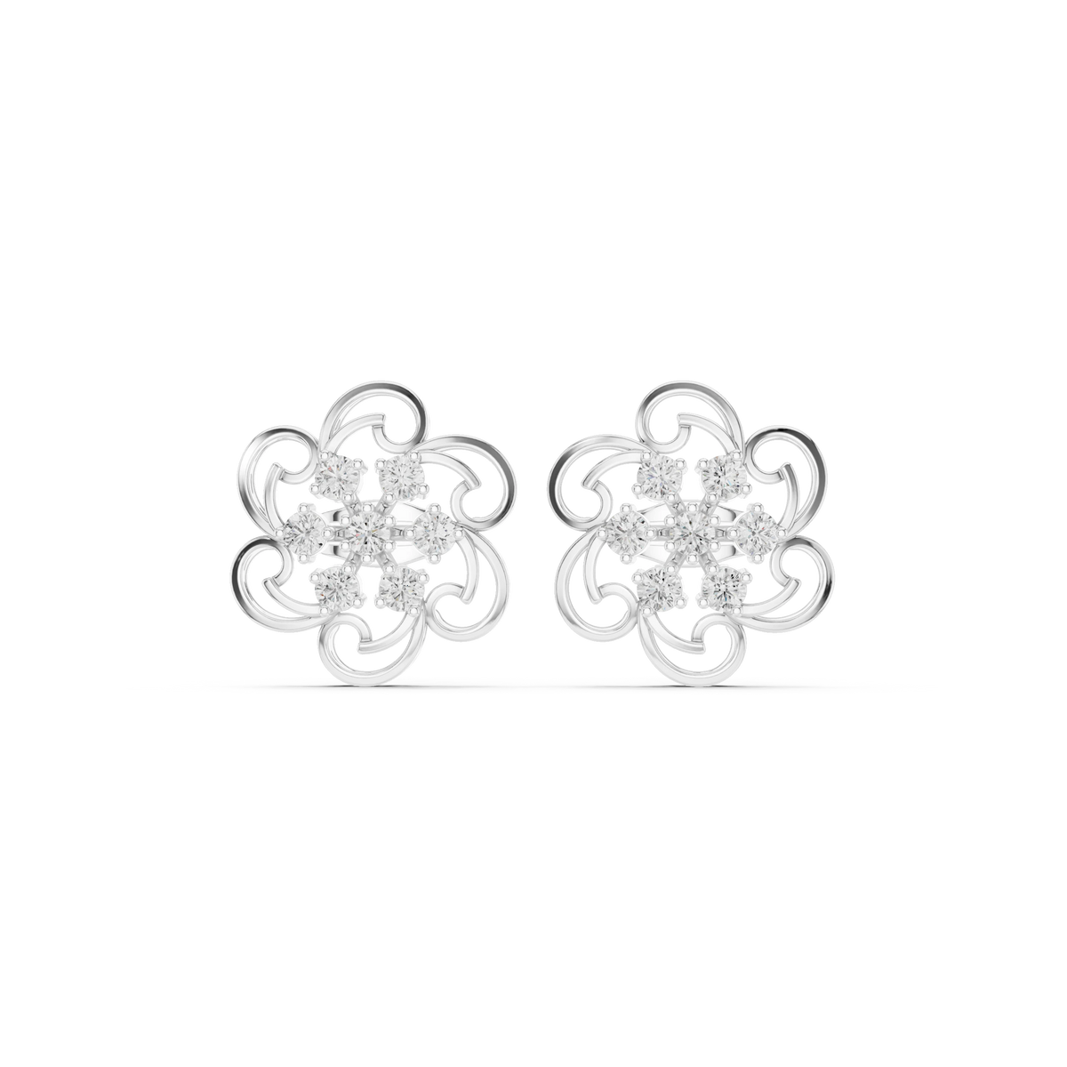 Swirl Frame Flower Cluster Moissanite Stud Earrings in white 925 sterling silver, view 4