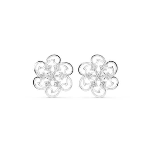 Swirl Frame Flower Cluster Moissanite Stud Earrings in white 925 sterling silver, view 4