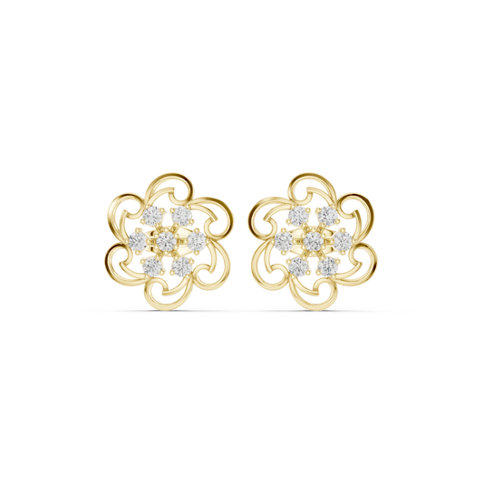 Swirl Frame Flower Cluster Moissanite Stud Earrings in yellow 925 sterling silver, view 4
