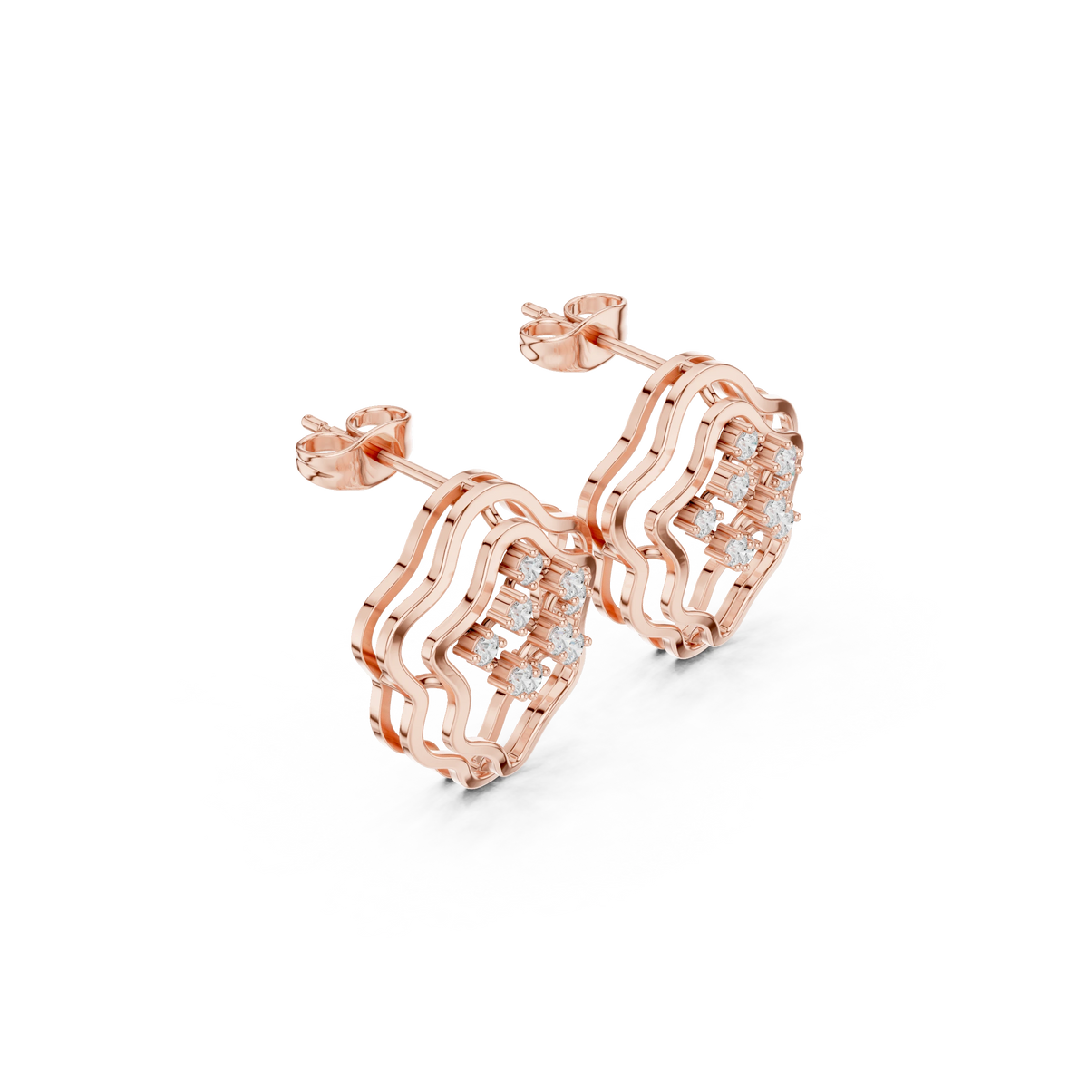 Wavy Double Outline Cluster Moissanite Stud Earrings in rose 925 sterling silver, view 1