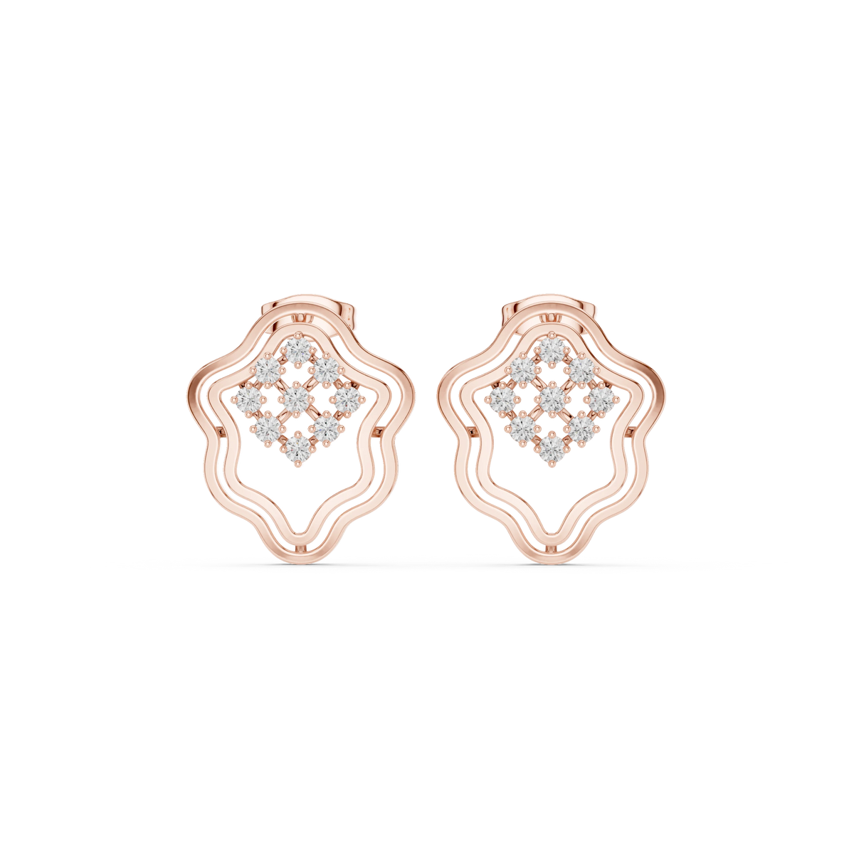 Wavy Double Outline Cluster Moissanite Stud Earrings in rose 925 sterling silver, view 4