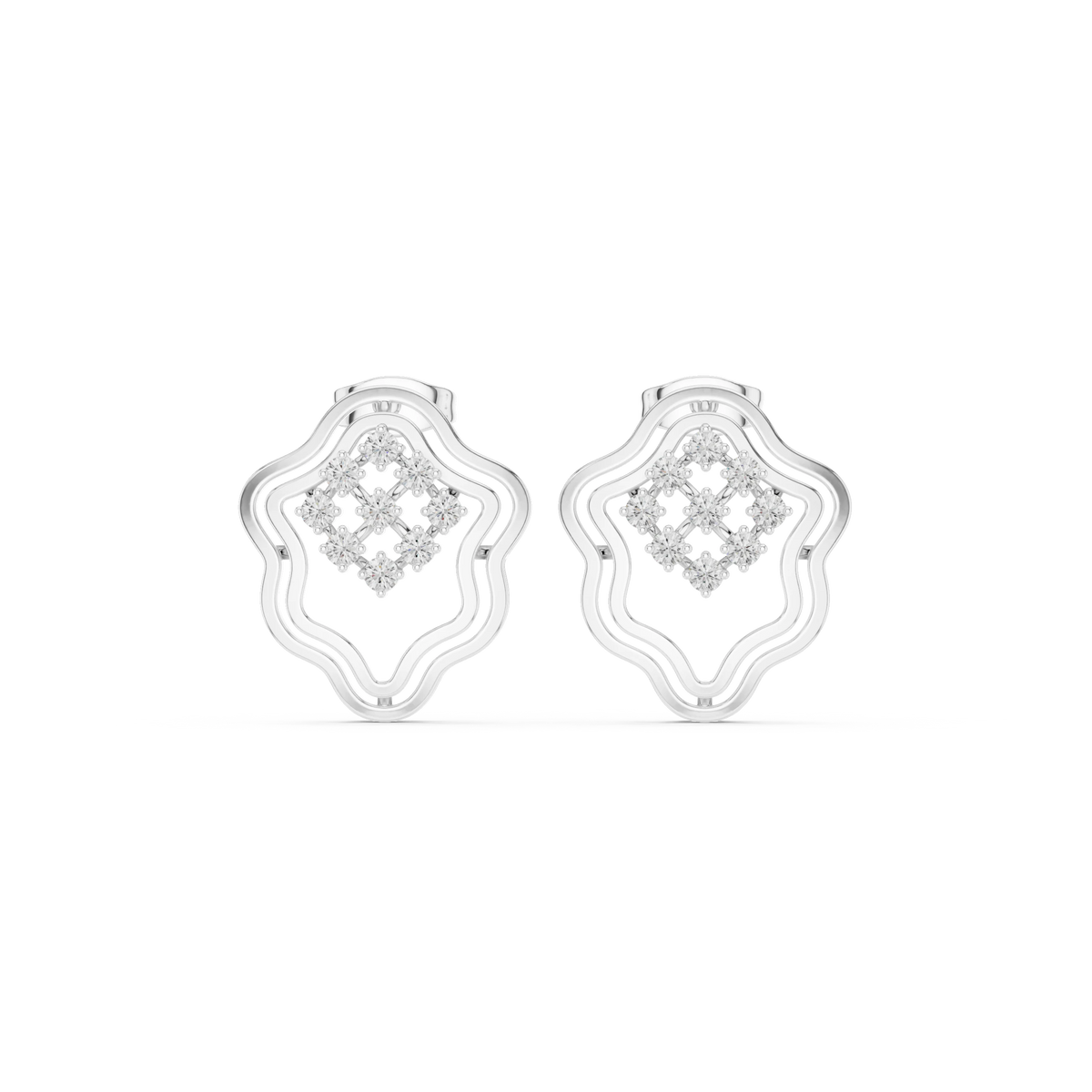 Wavy Double Outline Cluster Moissanite Stud Earrings in white 925 sterling silver, view 4