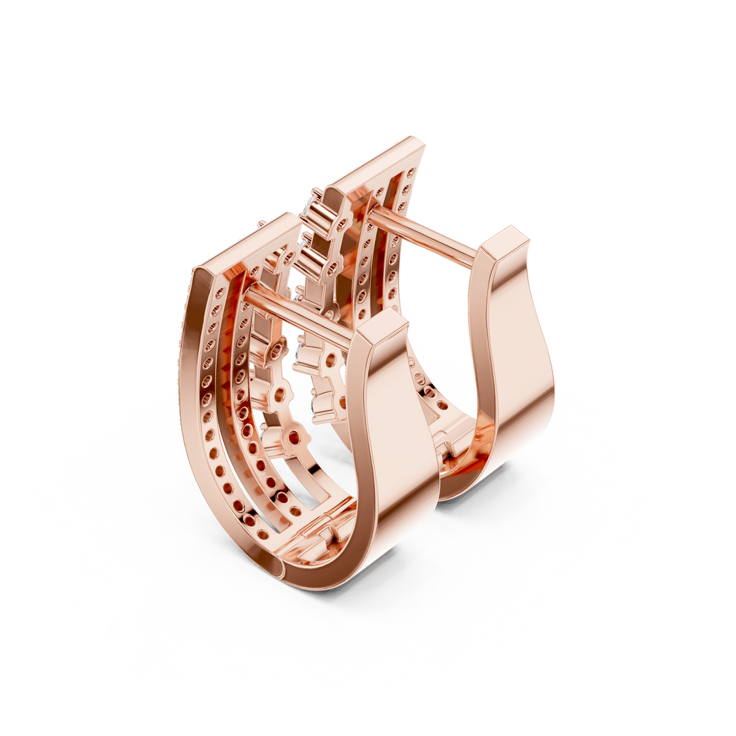 Three Row Pavé and Prong Moissanite Huggie Earrings in rose 925 sterling silver, view 2
