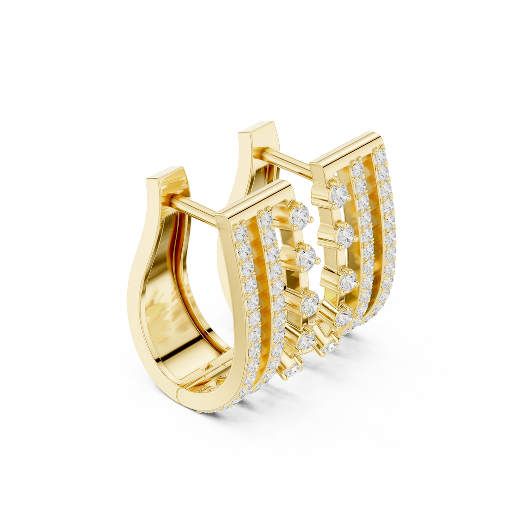 Three Row Pavé and Prong Moissanite Huggie Earrings in yellow 925 sterling silver, view 1