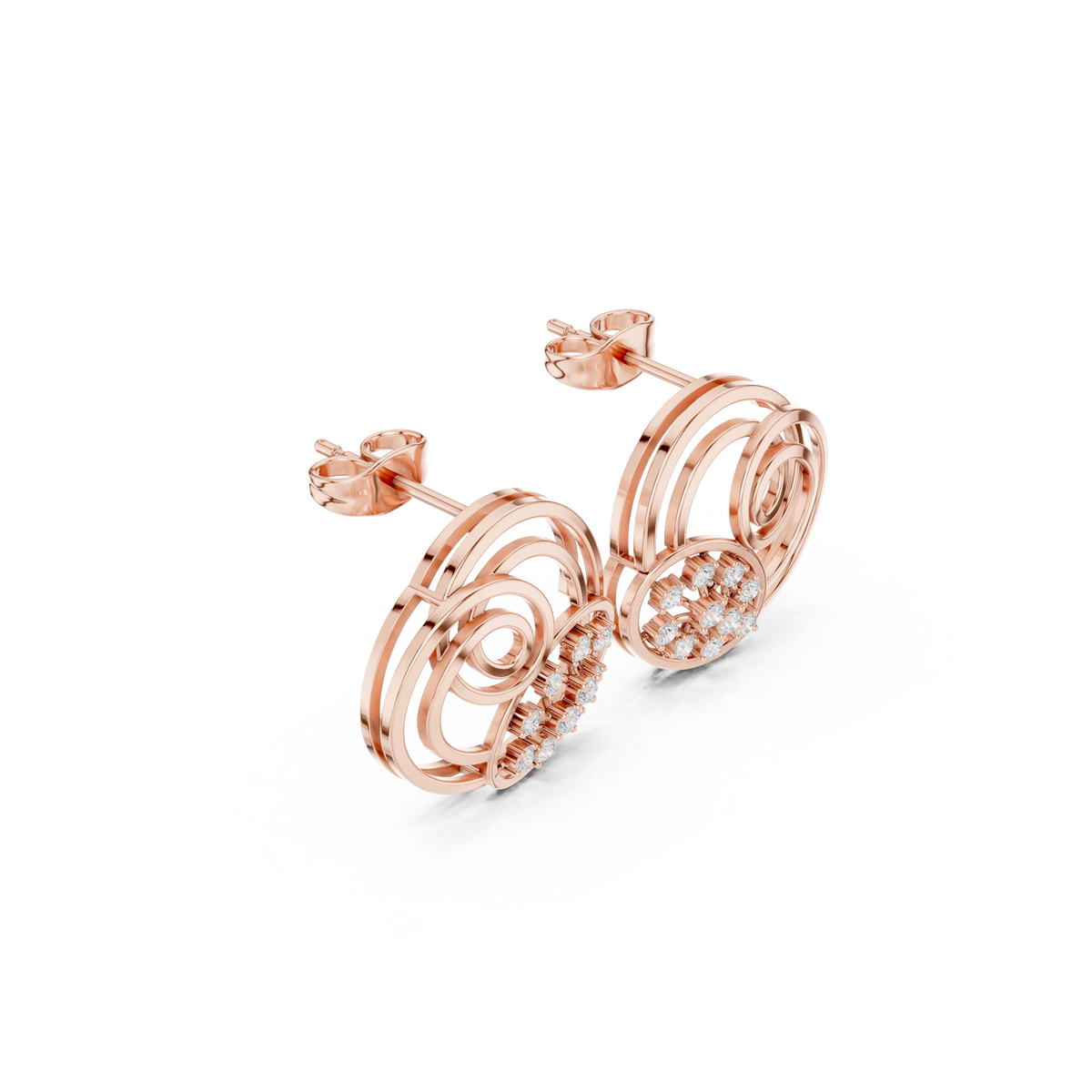 Spiral Circles Oval Starburst Moissanite Stud Earrings in rose 925 sterling silver, view 1