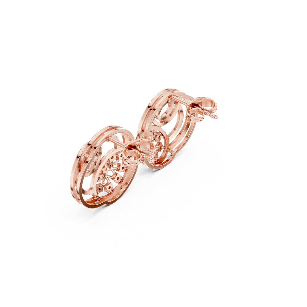 Spiral Circles Oval Starburst Moissanite Stud Earrings in rose 925 sterling silver, view 2