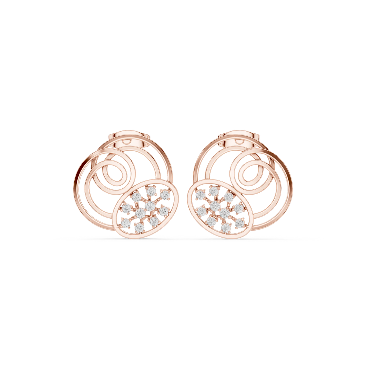 Spiral Circles Oval Starburst Moissanite Stud Earrings in rose 925 sterling silver, view 4