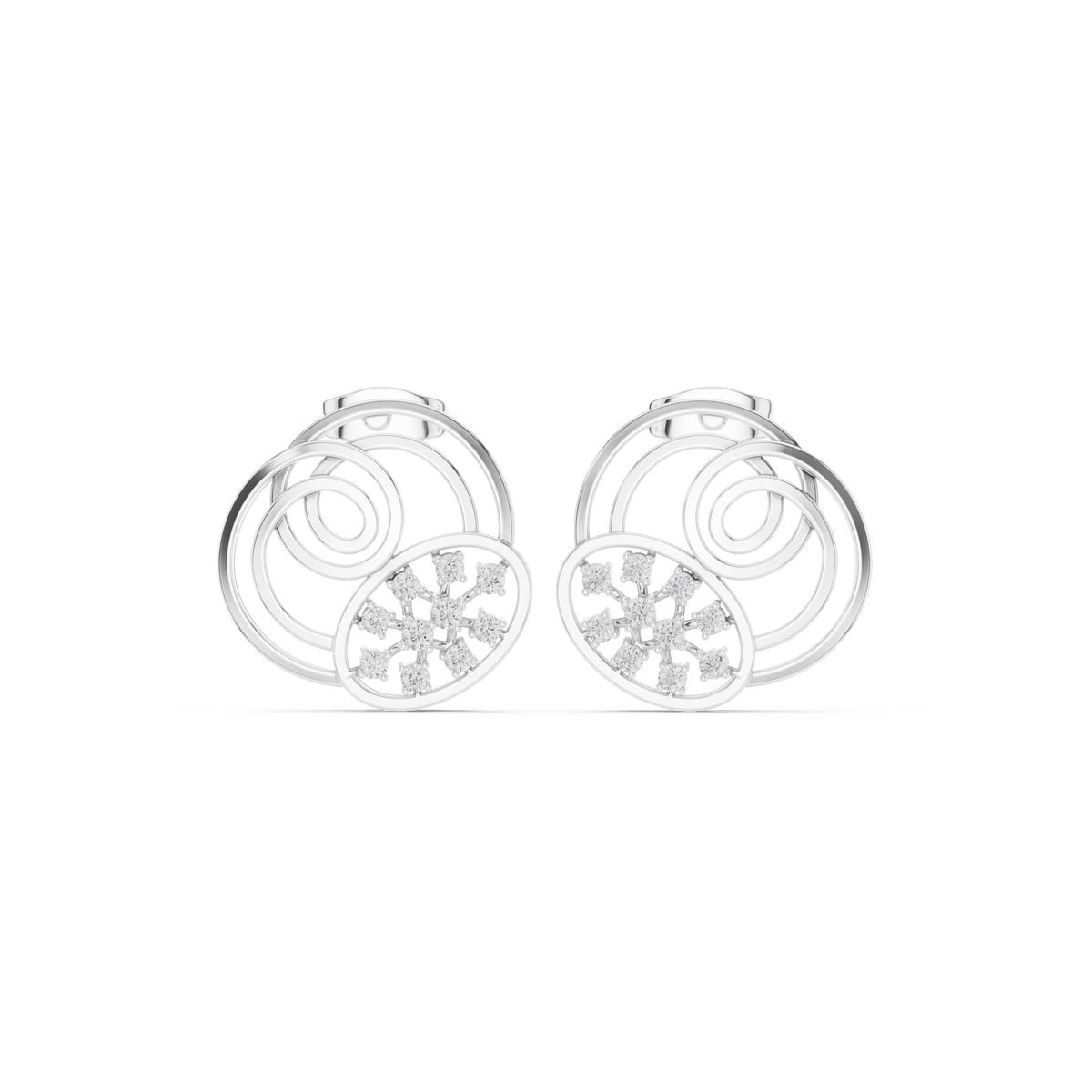 Spiral Circles Oval Starburst Moissanite Stud Earrings in white 925 sterling silver, view 4
