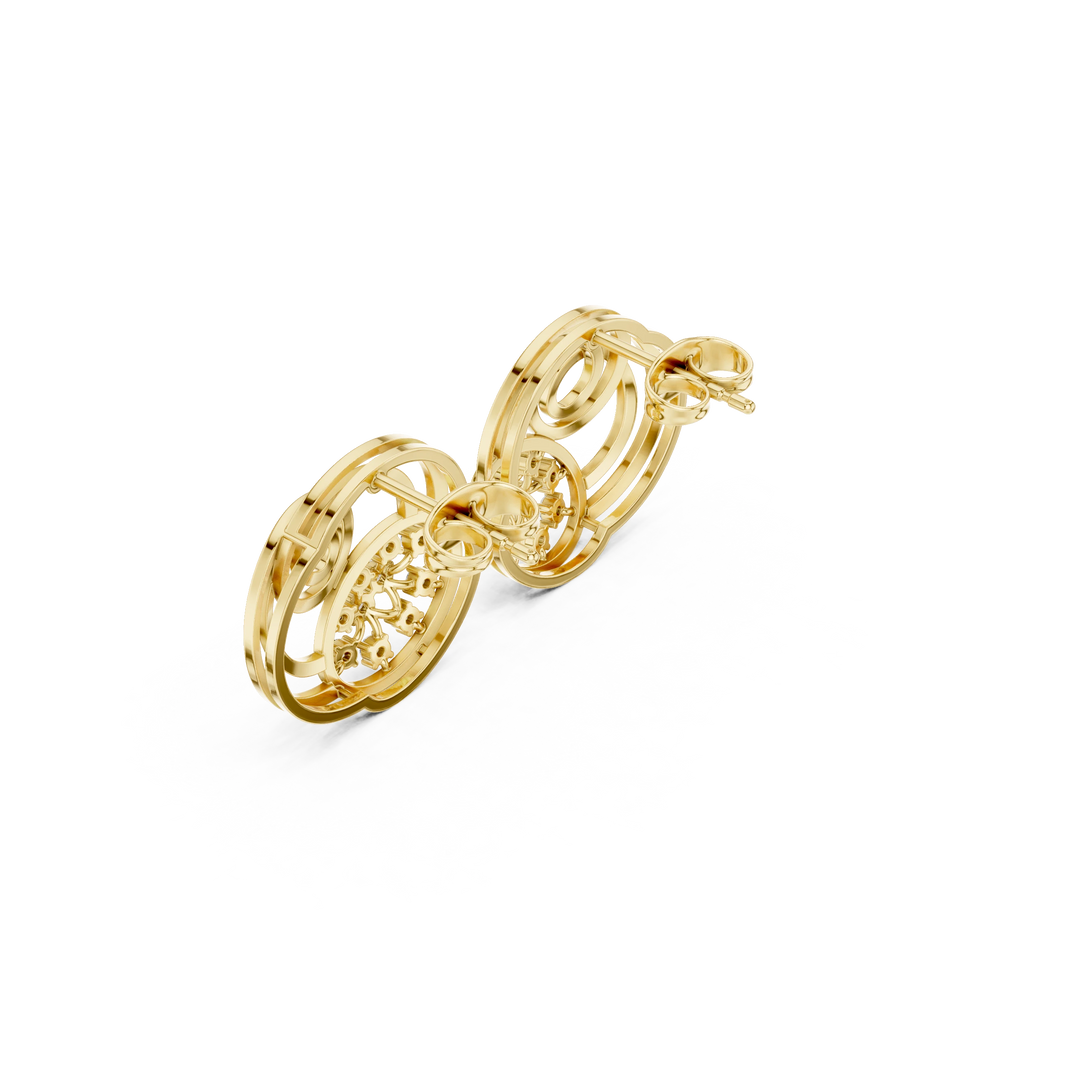 Spiral Circles Oval Starburst Moissanite Stud Earrings in yellow 925 sterling silver, view 2