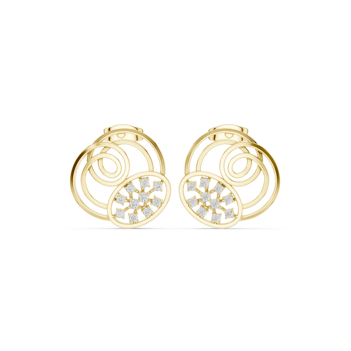 Spiral Circles Oval Starburst Moissanite Stud Earrings in yellow 925 sterling silver, view 4
