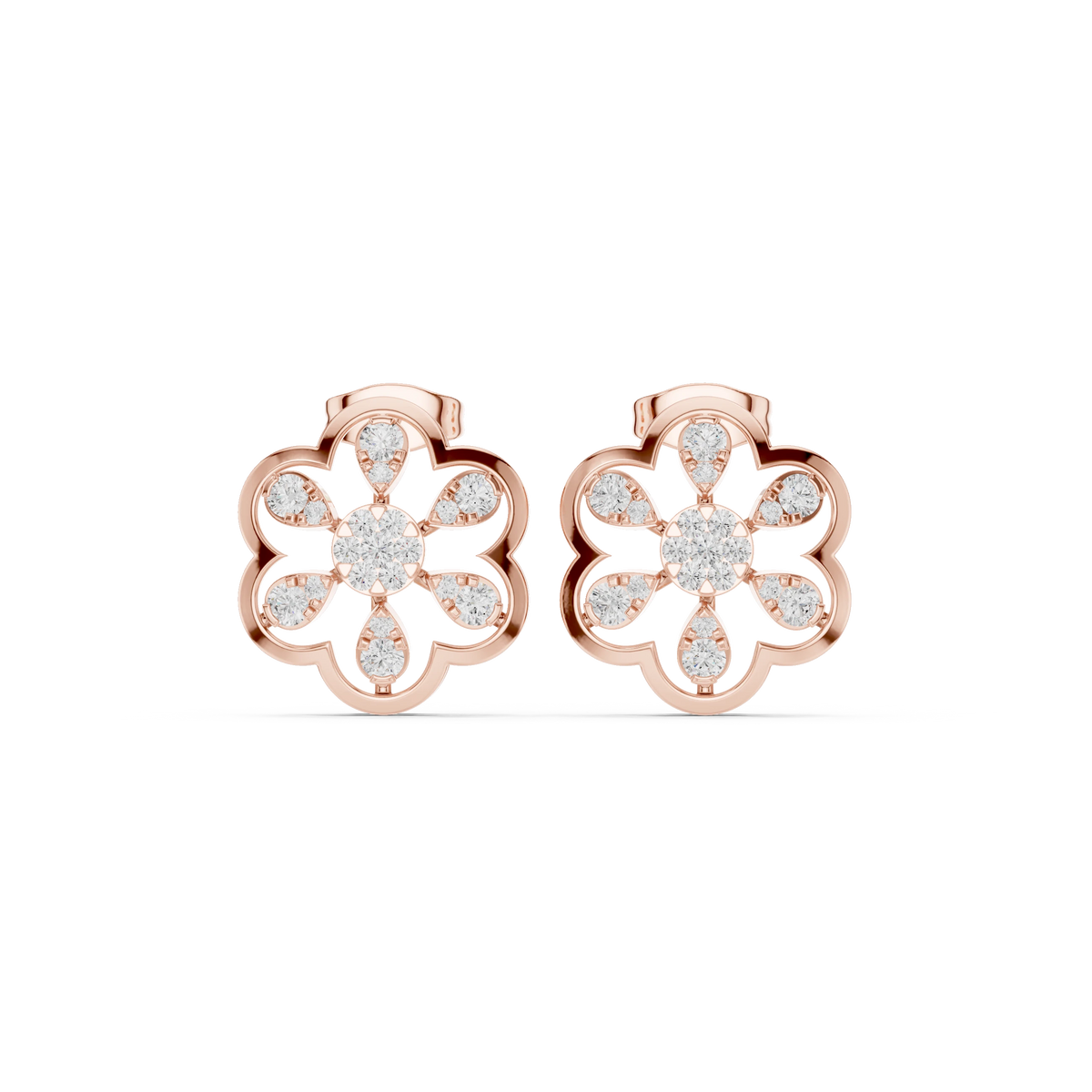 Six Petal Flower Illusion Cluster Moissanite Stud Earrings in rose 925 sterling silver, view 4