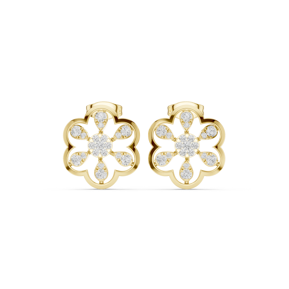 Six Petal Flower Illusion Cluster Moissanite Stud Earrings in yellow 925 sterling silver, view 4