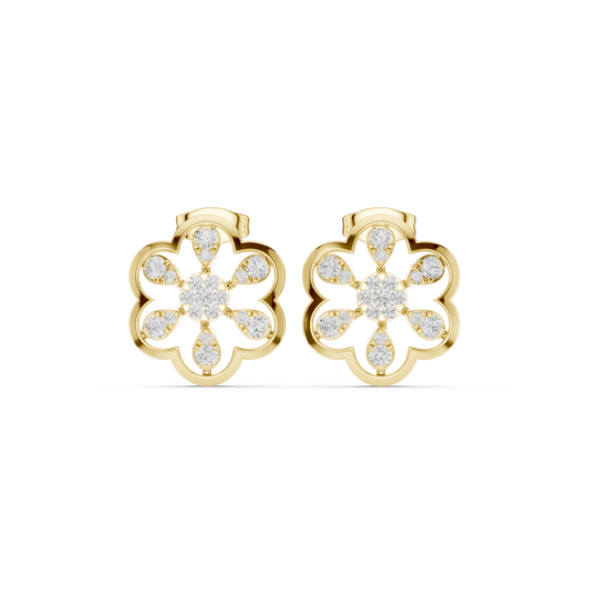 Six Petal Flower Illusion Cluster Moissanite Stud Earrings in yellow 925 sterling silver, view 4
