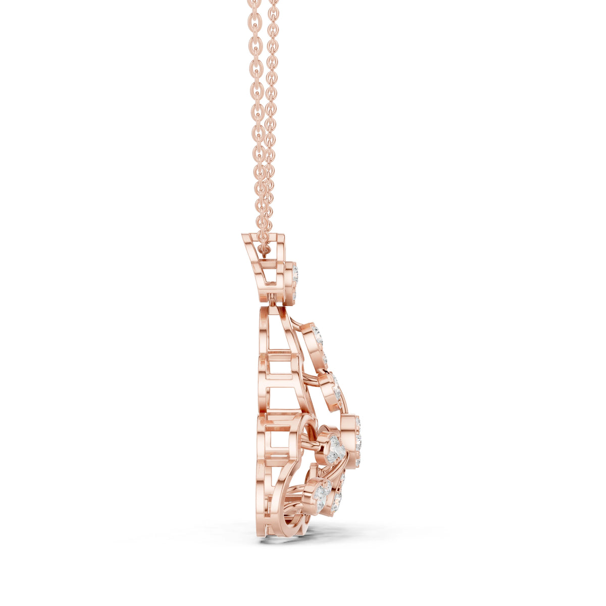 Trefoil Pear Cluster Openwork Moissanite Pendant in rose 925 sterling silver, view 3