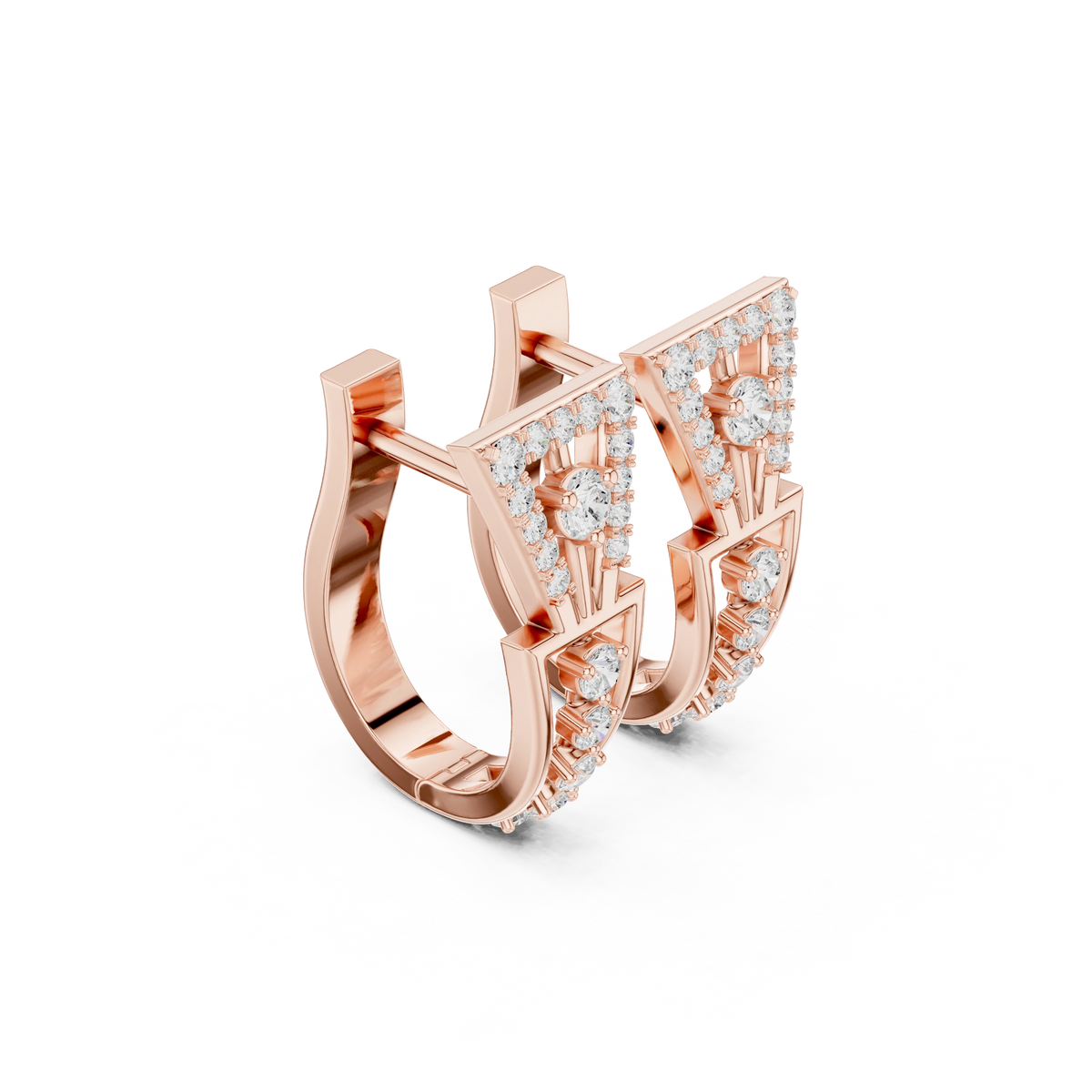 Art Deco Triangle Pavé Moissanite Huggie Earrings in rose 925 sterling silver, view 1