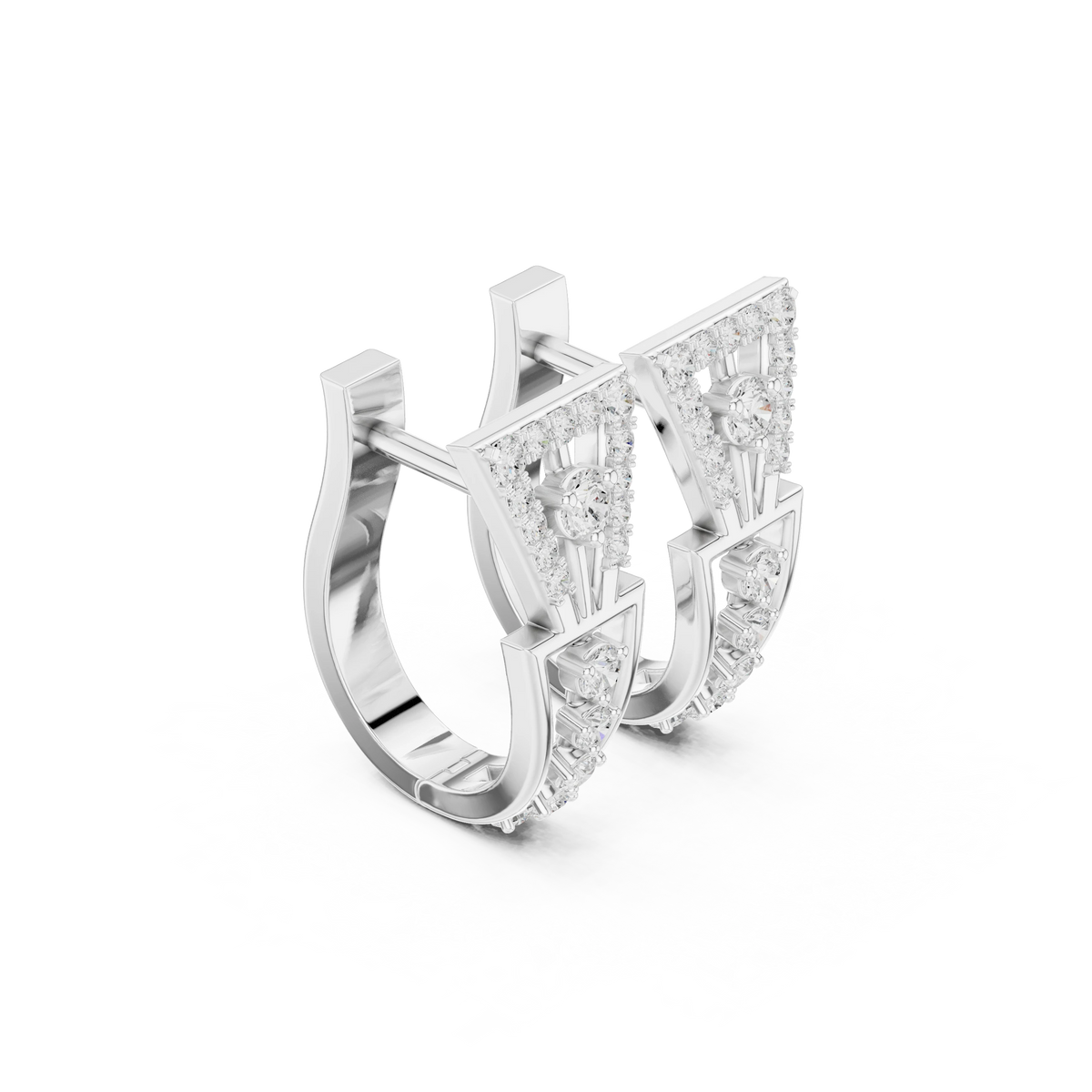 Art Deco Triangle Pavé Moissanite Huggie Earrings in white 925 sterling silver, view 1