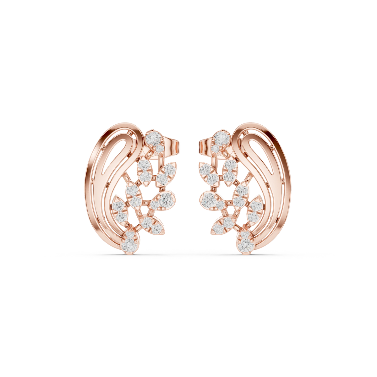 Paisley Leaf Spray Moissanite Stud Earrings in rose 925 sterling silver, view 4