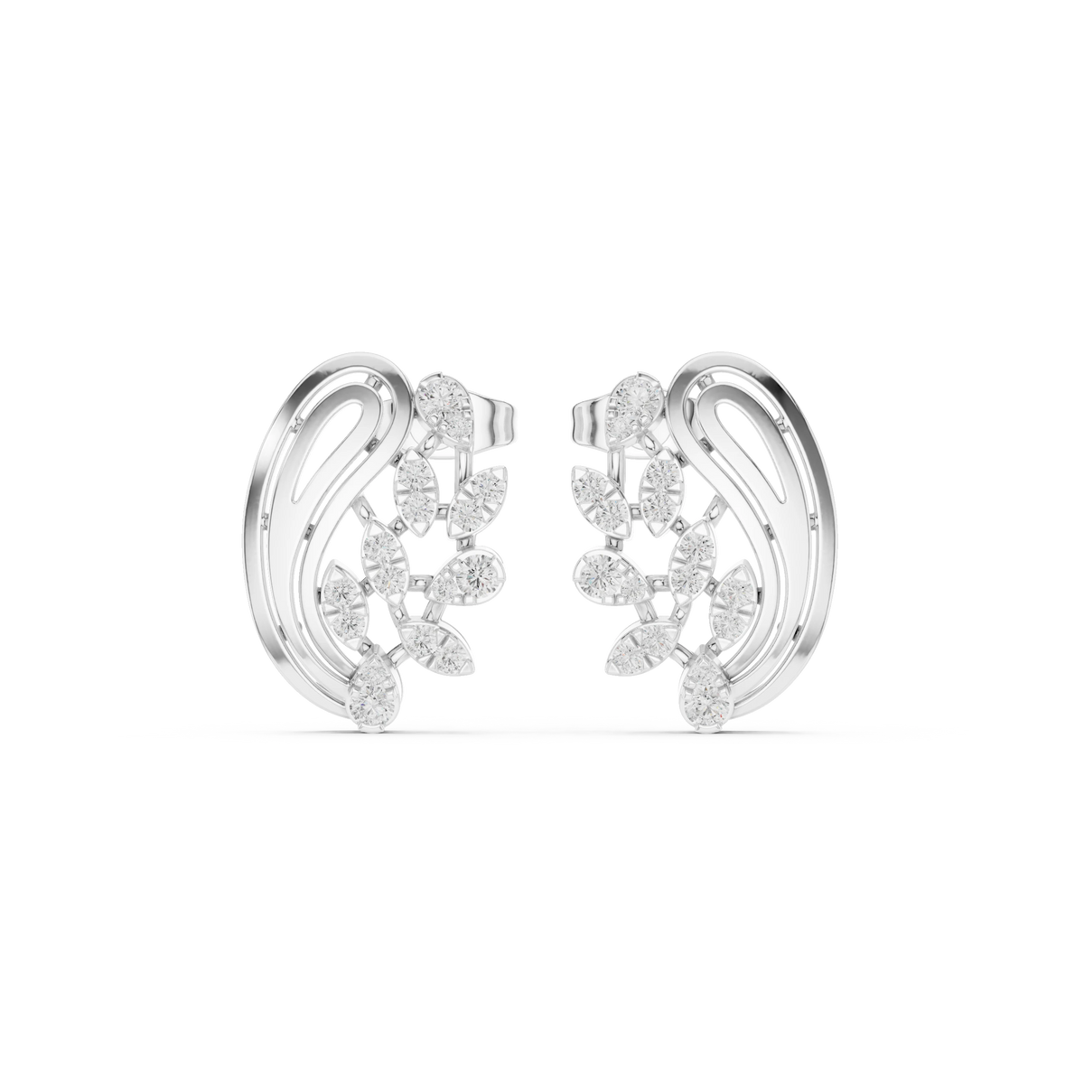 Paisley Leaf Spray Moissanite Stud Earrings in white 925 sterling silver, view 4