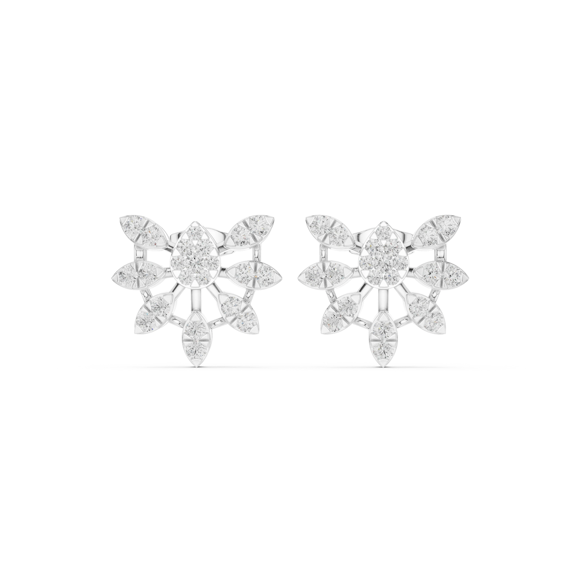 Sunburst Fan Illusion Moissanite Stud Earrings in white 925 sterling silver, view 4