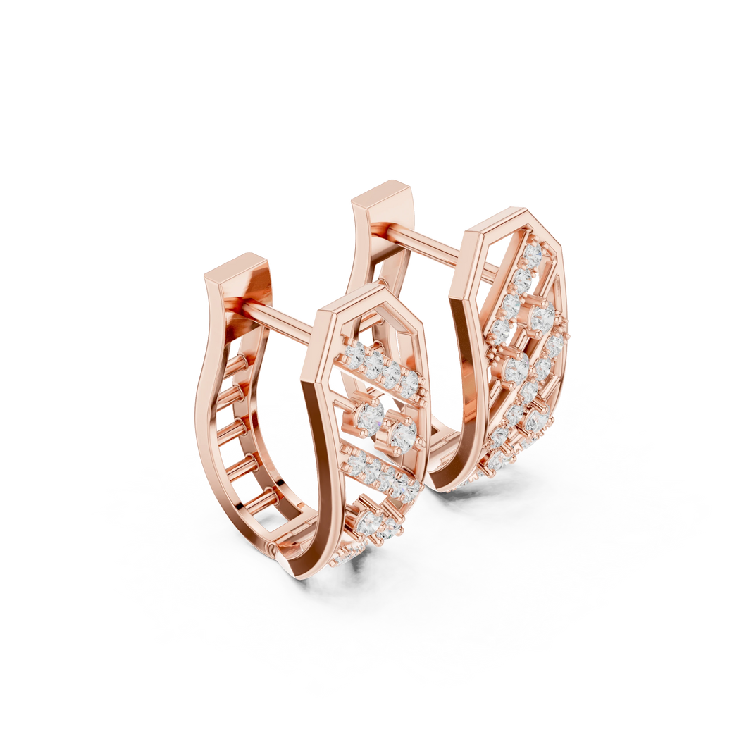 Octagon Frame Diagonal Row Moissanite Huggie Earrings in rose 925 sterling silver, view 1