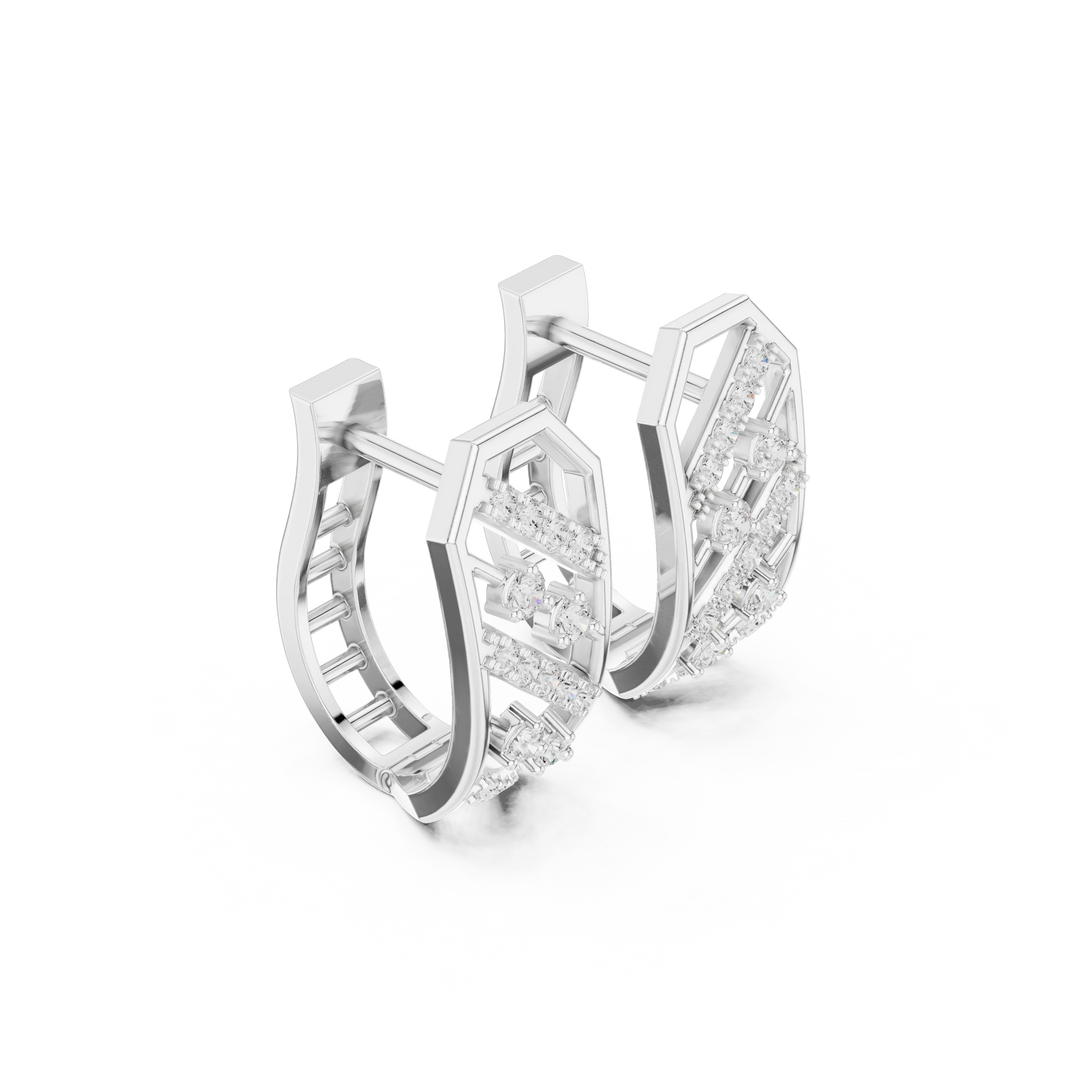 Octagon Frame Diagonal Row Moissanite Huggie Earrings in white 925 sterling silver, view 1