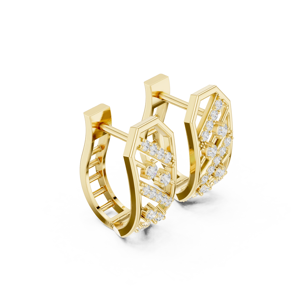 Octagon Frame Diagonal Row Moissanite Huggie Earrings in yellow 925 sterling silver, view 1